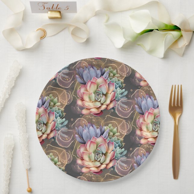 Peach and Grey Succulents Paper Plate (Wedding)