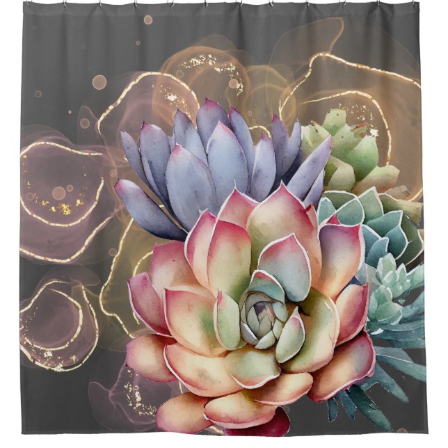 Peach and Grey Succulents Shower Curtain (Front)