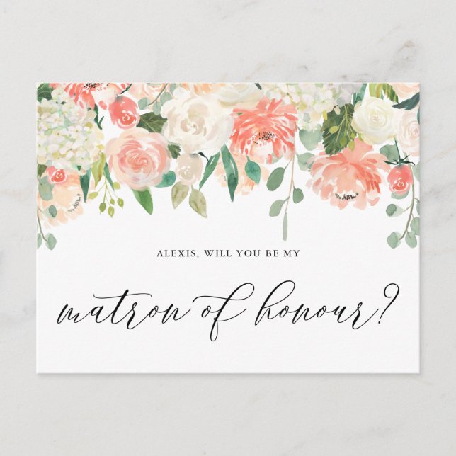Peach and Ivory Flowers Be My Matron of Honour Postcard (Front)