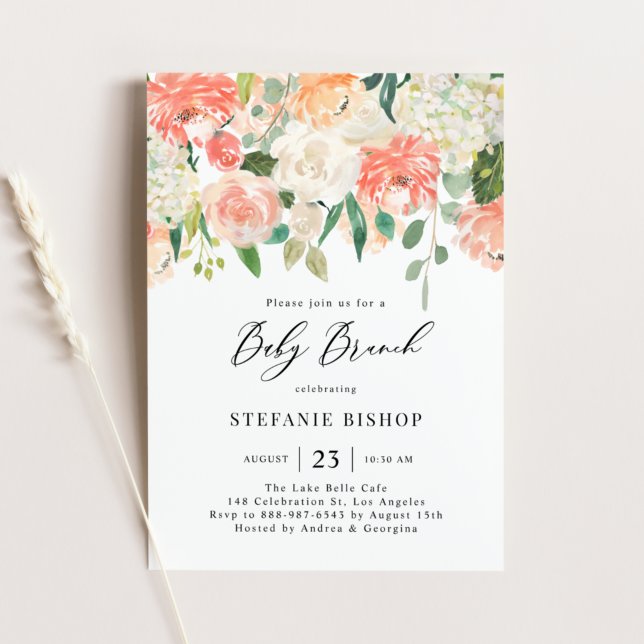 Peach and Ivory Watercolor Flowers Baby Brunch Invitation (Creator Uploaded)