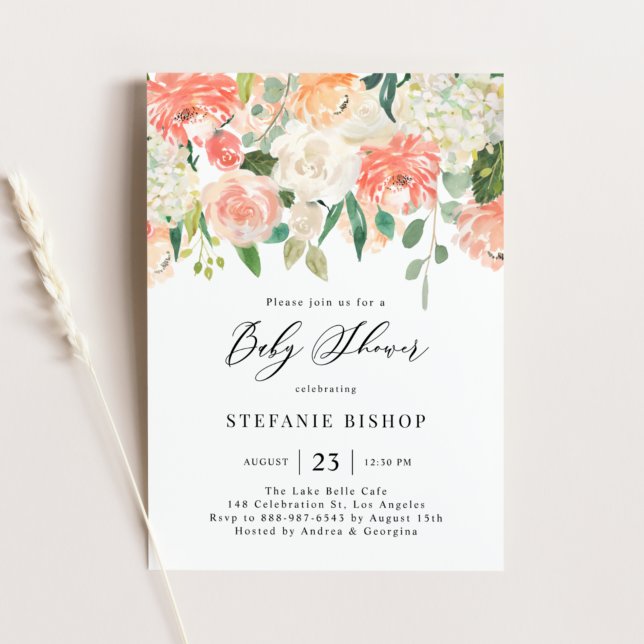 Peach and Ivory Watercolor Flowers Baby Shower Invitation (Creator Uploaded)