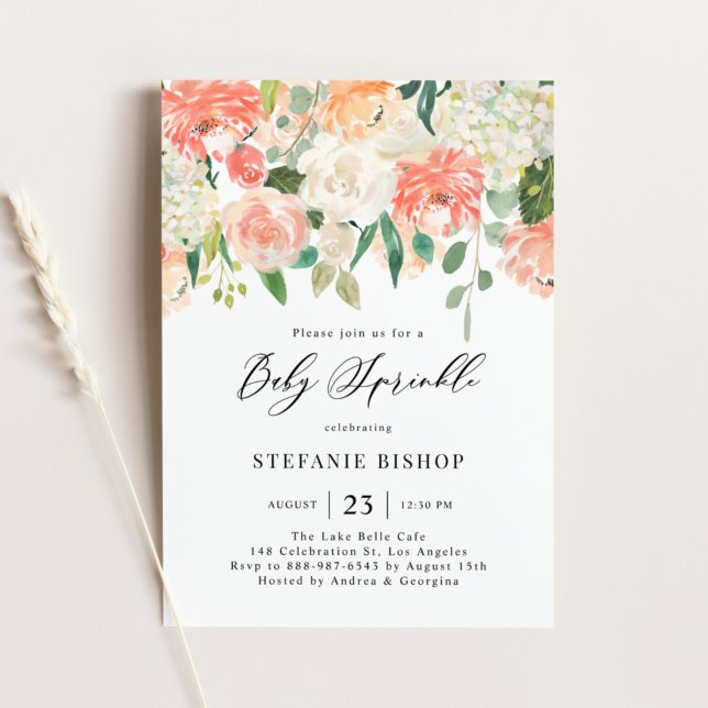 Peach and Ivory Watercolor Flowers Baby Sprinkle Invitation (Creator Uploaded)
