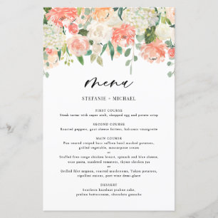 Peach and Ivory Watercolor Flowers Wedding Menu