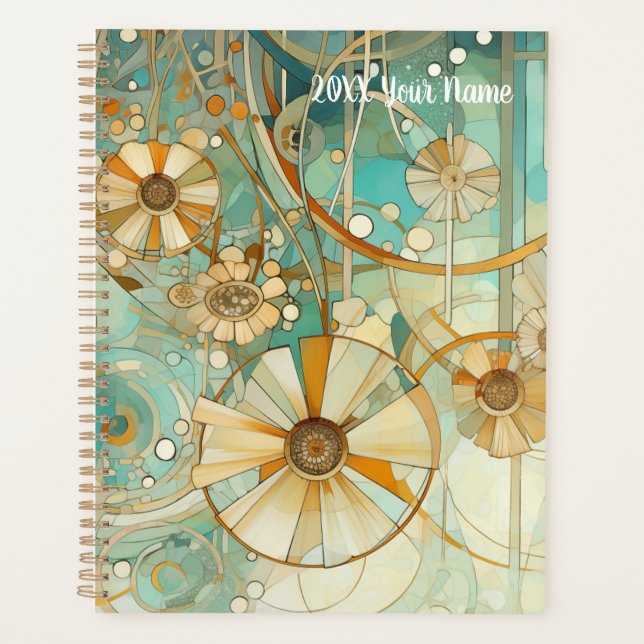 Peach and Light Teal Abstract Flower Garden Planner (Front)
