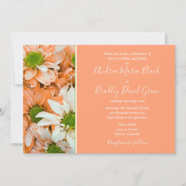 Peach and Lime Green Daisy Wedding Invitation (Front)