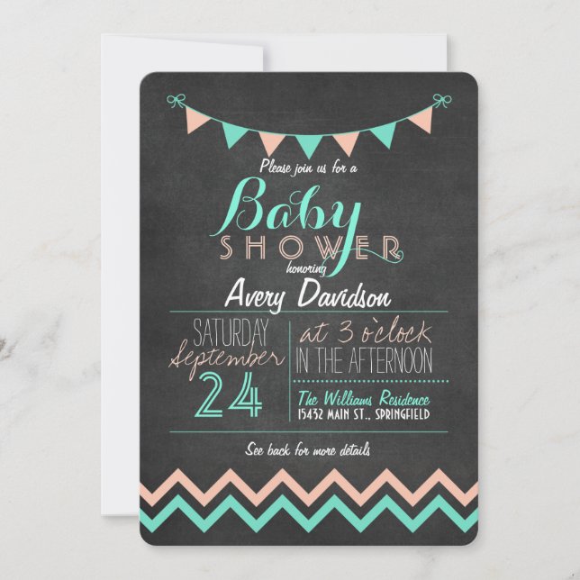 Peach and Mint Bunting Flag Chalkboard Baby Shower Invitation (Front)