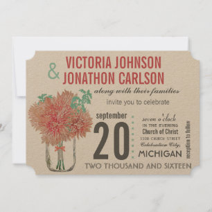 Peach and Mint Chrysanthemum Mason Jar Wedding Invitation