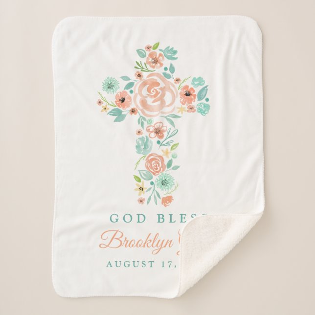 Peach and Mint Watercolor Flower Cross Baptism Sherpa Blanket (Front)