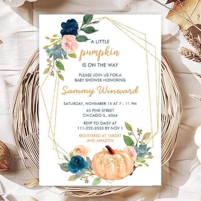 Peach and Navy Blue Pumpkins Baby Shower Invitation (Creator Uploaded)