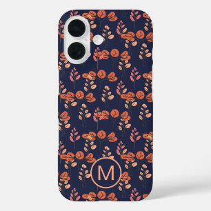 Peach and Navy Modern Floral Pattern Monogram iPhone 16 Case