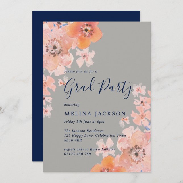 Peach and Navy Watercolor Floral Graduation Party Invitation (Front/Back)
