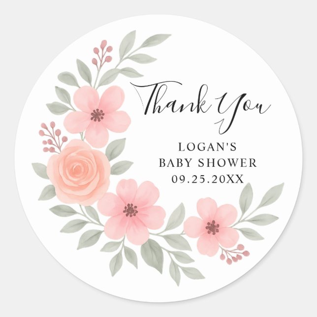 Peach and Pink Floral Crescent Thank You Favour Classic Round Sticker (Front)
