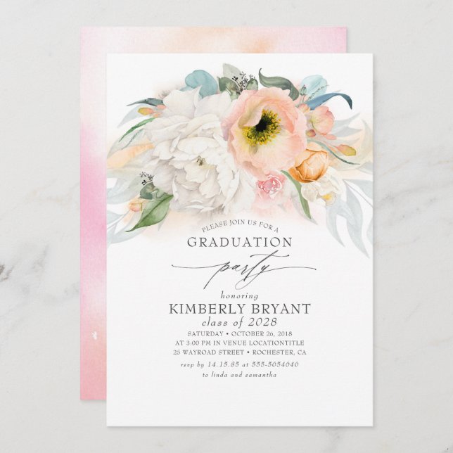 Peach and Pink Floral Elegant Stylish Graduation Invitation (Front/Back)