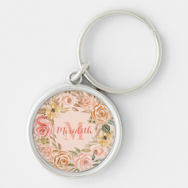 Peach and Pink Floral Wreath Monogrammed Keychain (Front)