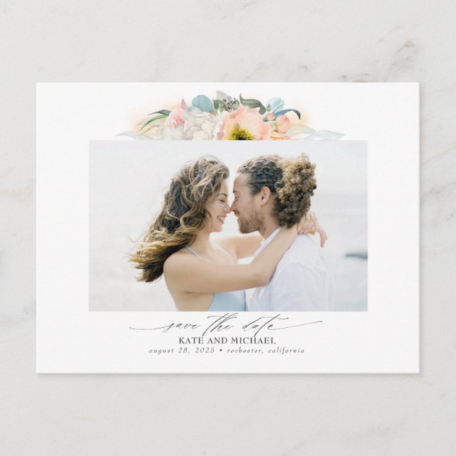 Peach and Pink Flowers Save the Date Photo Announcement Postcard (Front)