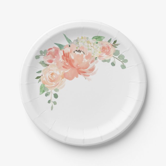 Peach and Pink Pastel Watercolor Floral Paper Plate (Front)