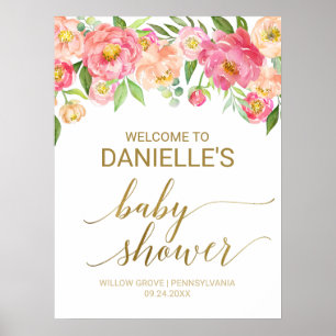 Peach and Pink Peony 18x24" Baby Shower Welcome Poster