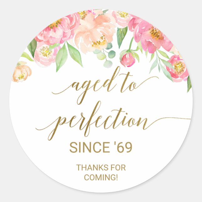 Peach and Pink Peony Aged to Perfection Thank You Classic Round Sticker (Front)