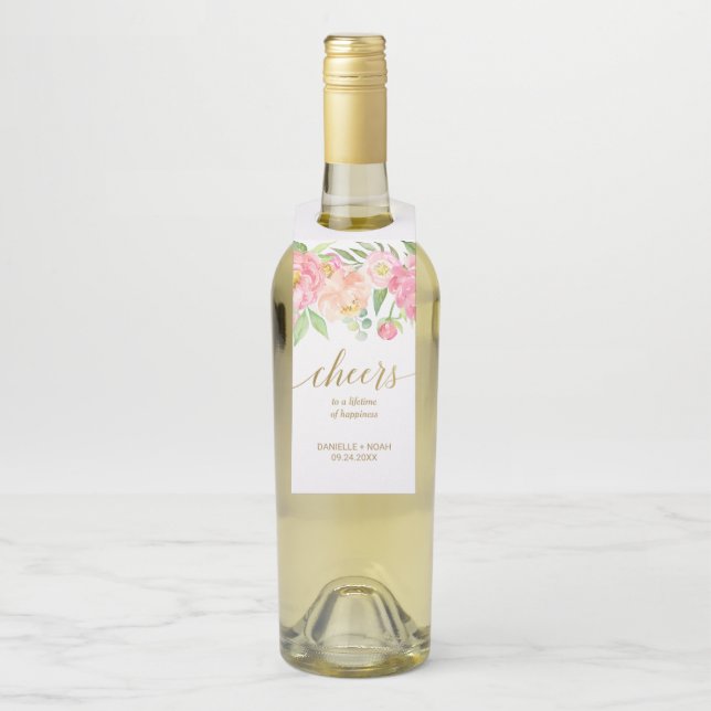 Peach and Pink Peony Cheers Wedding Bottle Tag (On Bottle)