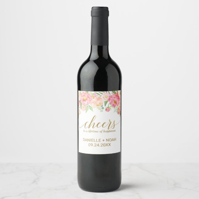 Peach and Pink Peony "Cheers" Wedding Wine Labels (Front)