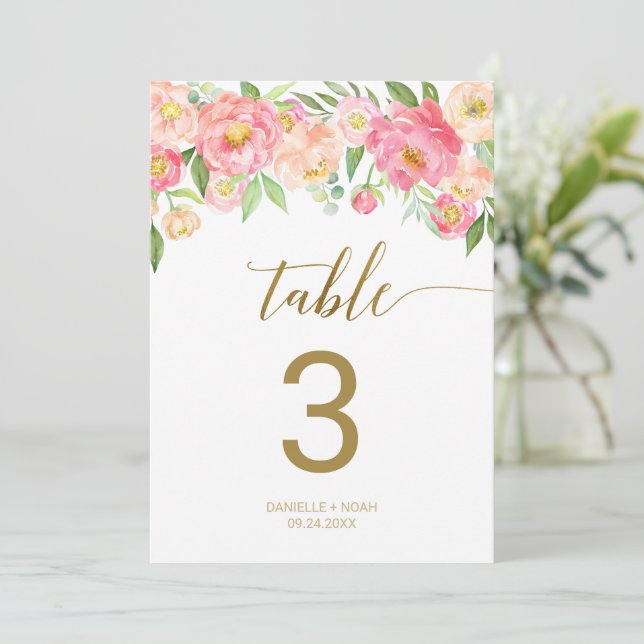 Peach and Pink Peony Flowers 5x7" Table Number (Standing Front)
