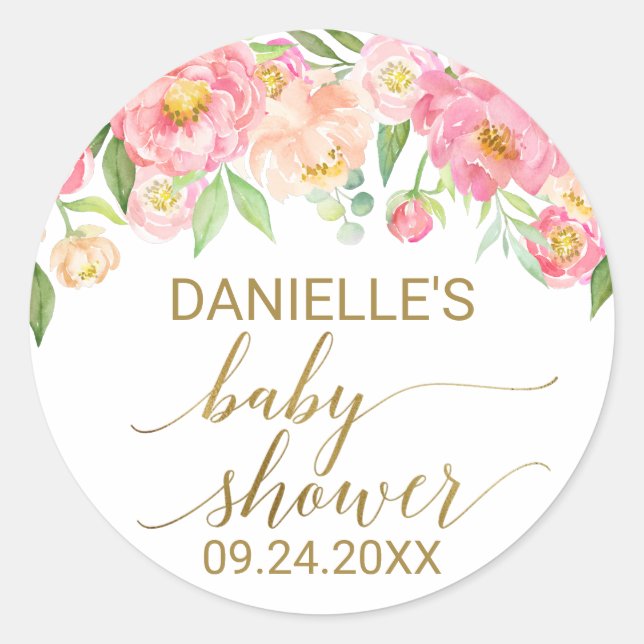 Peach and Pink Peony Flowers Baby Shower Favour Classic Round Sticker (Front)