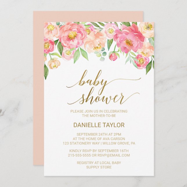 Peach and Pink Peony Flowers Baby Shower Invitation (Front/Back)