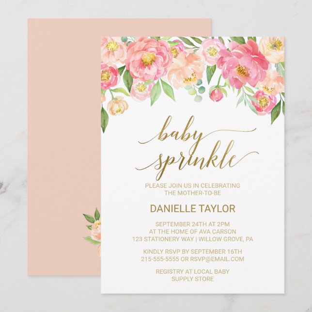 Peach and Pink Peony Flowers Baby Sprinkle Invitation (Front/Back)