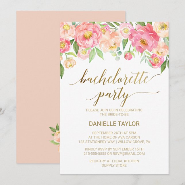 Peach and Pink Peony Flowers Bachelorette Party Invitation (Front/Back)