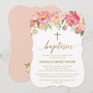 Peach and Pink Peony Flowers Baptism Invitation