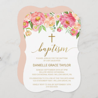Peach and Pink Peony Flowers Baptism Invitation