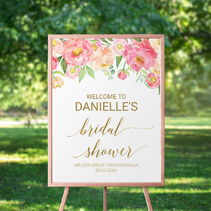Peach and Pink Peony Flowers Bridal Shower Welcome Poster