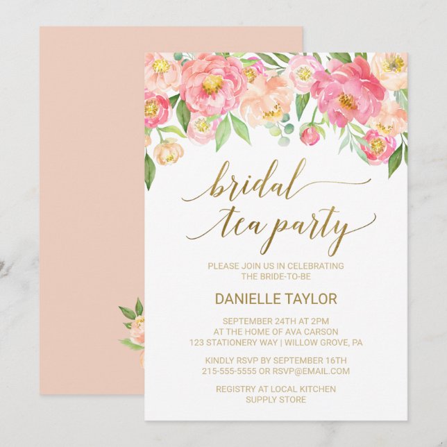 Peach and Pink Peony Flowers Bridal Tea Party Invitation (Front/Back)