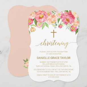 Peach and Pink Peony Flowers Christening Invitation
