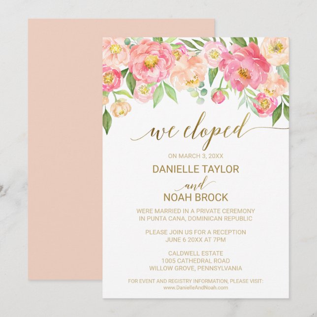 Peach and Pink Peony Flowers Elopement Reception Invitation (Front/Back)