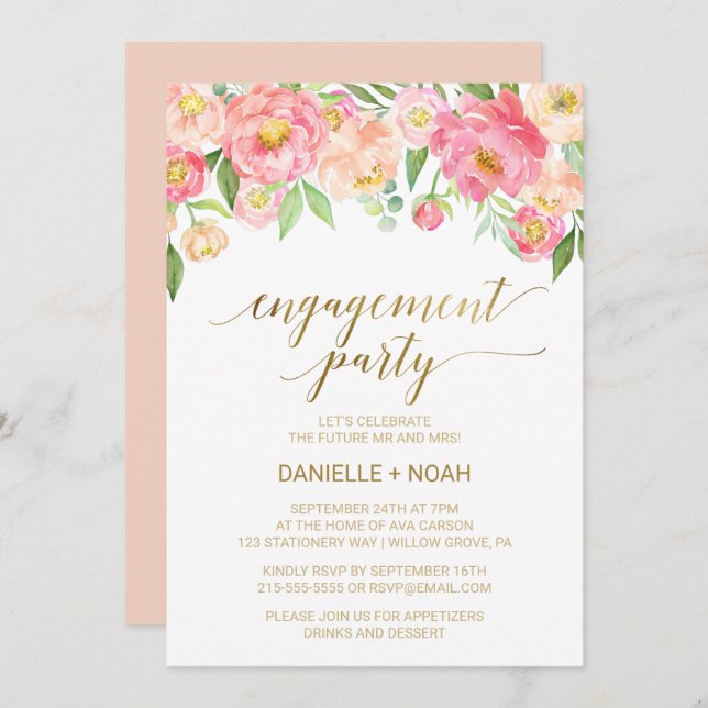 Peach and Pink Peony Flowers Engagement Party Invitation (Front/Back)