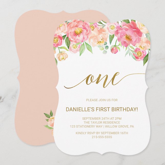 Peach and Pink Peony Flowers First Birthday Party Invitation (Front/Back)