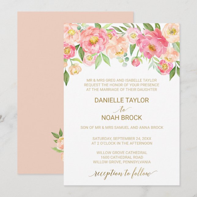 Peach and Pink Peony Flowers Formal Wedding Invitation (Front/Back)