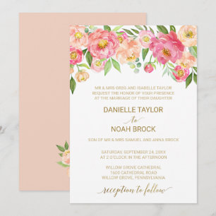 Peach and Pink Peony Flowers Formal Wedding Invitation