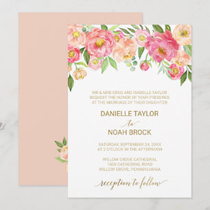 Peach and Pink Peony Flowers Formal Wedding Invitation