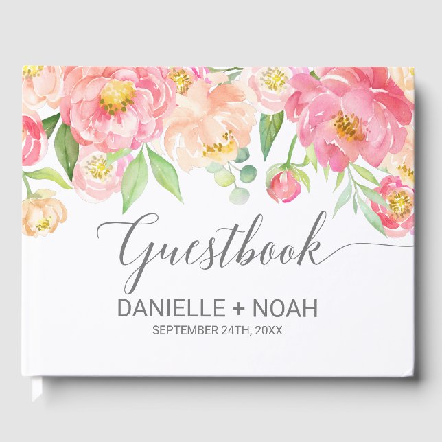 Peach and Pink Peony Flowers Grey Wedding Guest Book (Front)