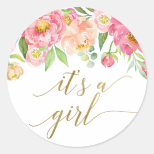 Peach and Pink Peony Flowers It's A Girl Favour Classic Round Sticker
