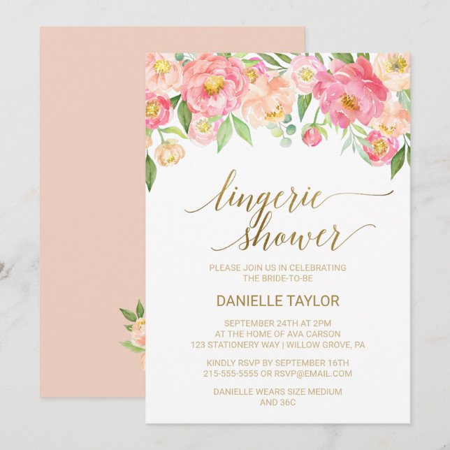 Peach and Pink Peony Flowers Lingerie Shower Invitation (Front/Back)