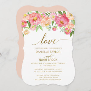 Peach and Pink Peony Flowers "Love" Wedding Invitation