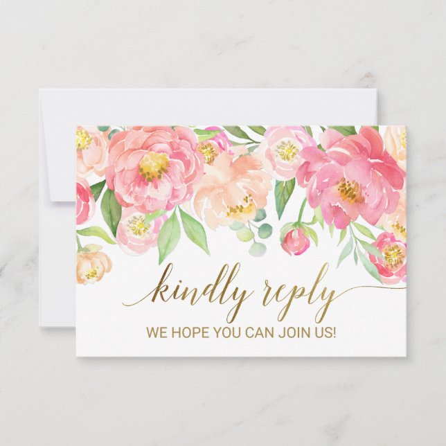 Peach and Pink Peony Flowers Menu Choice RSVP Card (Front)