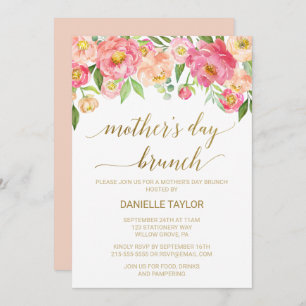 Peach and Pink Peony Flowers Mother's Day Brunch Invitation