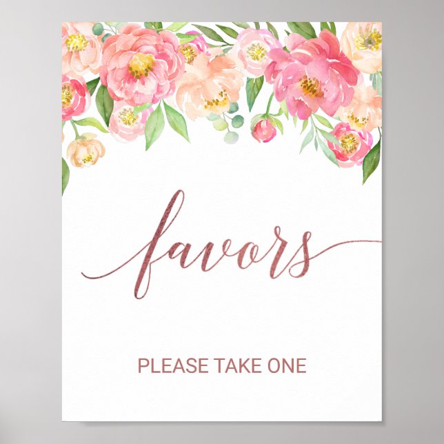 Peach and Pink Peony Flowers Rose Gold Favours Sig Poster (Front)