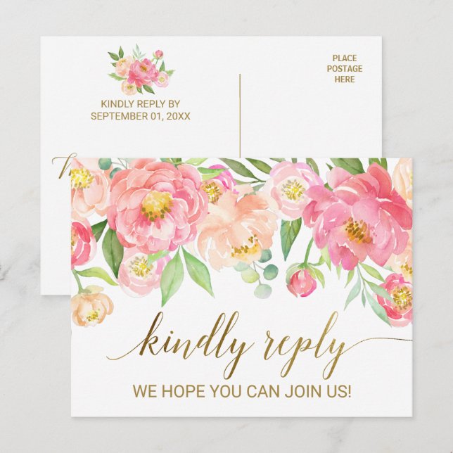 Peach and Pink Peony Flowers RSVP Invitation Postcard (Front/Back)