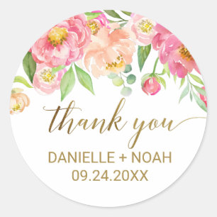 Peach and Pink Peony Flowers Thank You Favour Classic Round Sticker