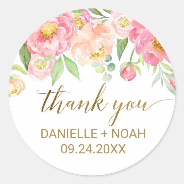 Peach and Pink Peony Flowers Thank You Favour Classic Round Sticker (Front)